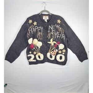 VTG New Year's Eve Y2K 2000 Black Embellished Sweater Tiara International Size L